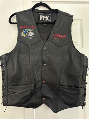 FMC Black Leather Motorcycle Vest - Embroidered Biker Patch